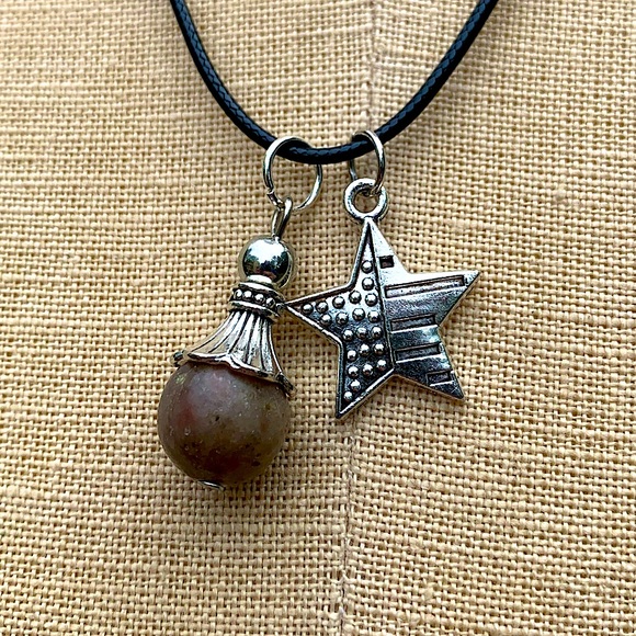 Hand Crafted Jewelry - Handmade Sphere Stone Amulet with American Flag Star Charm